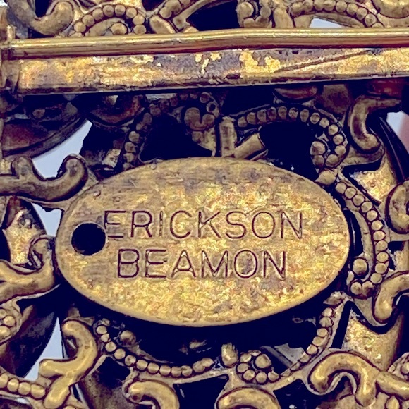 Vintage Erickson Beamon Gold Tone Teal Blue And Citrine Rhinestone Brooch Signed - Picture 4 of 10